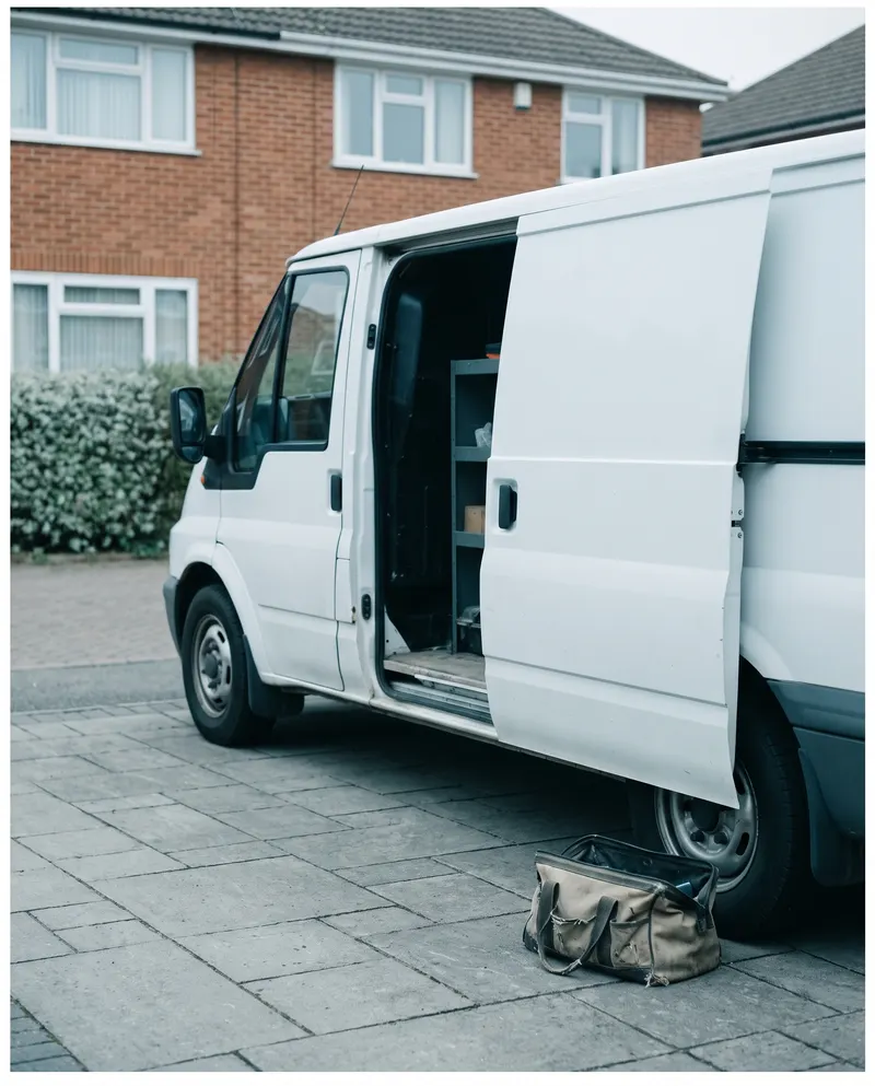 A work van with its rear doors open and a tool bag on the driveway beside it