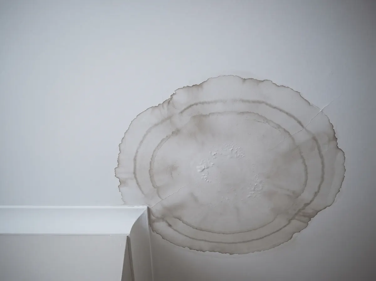 A brown-edged damp stain spreading across a painted ceiling