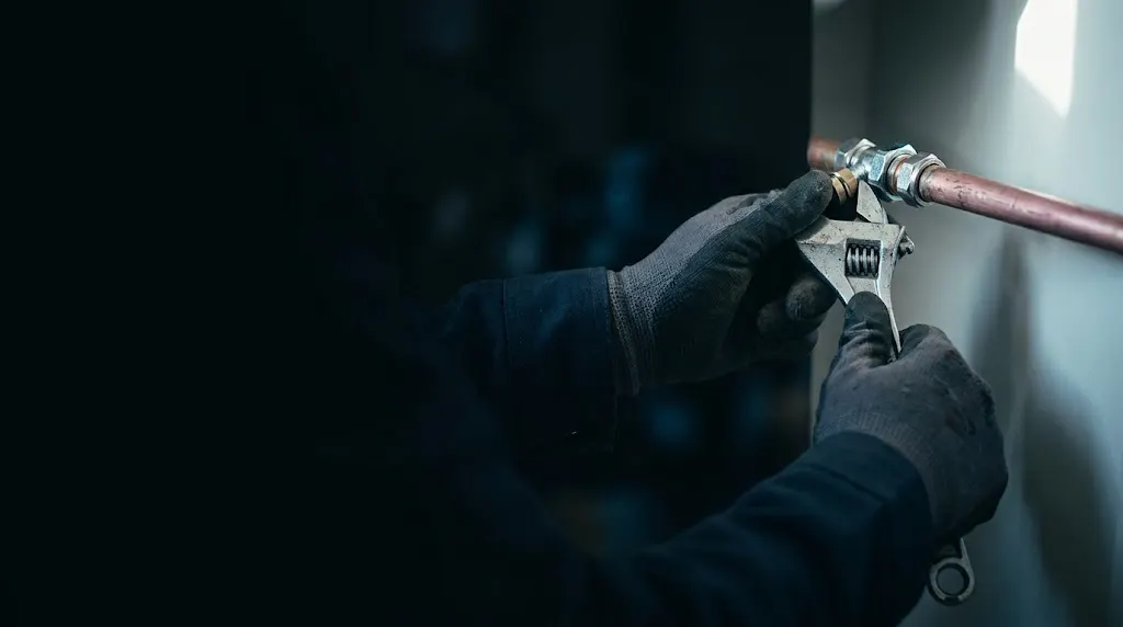 Gloved hands using an adjustable spanner on a copper compression joint