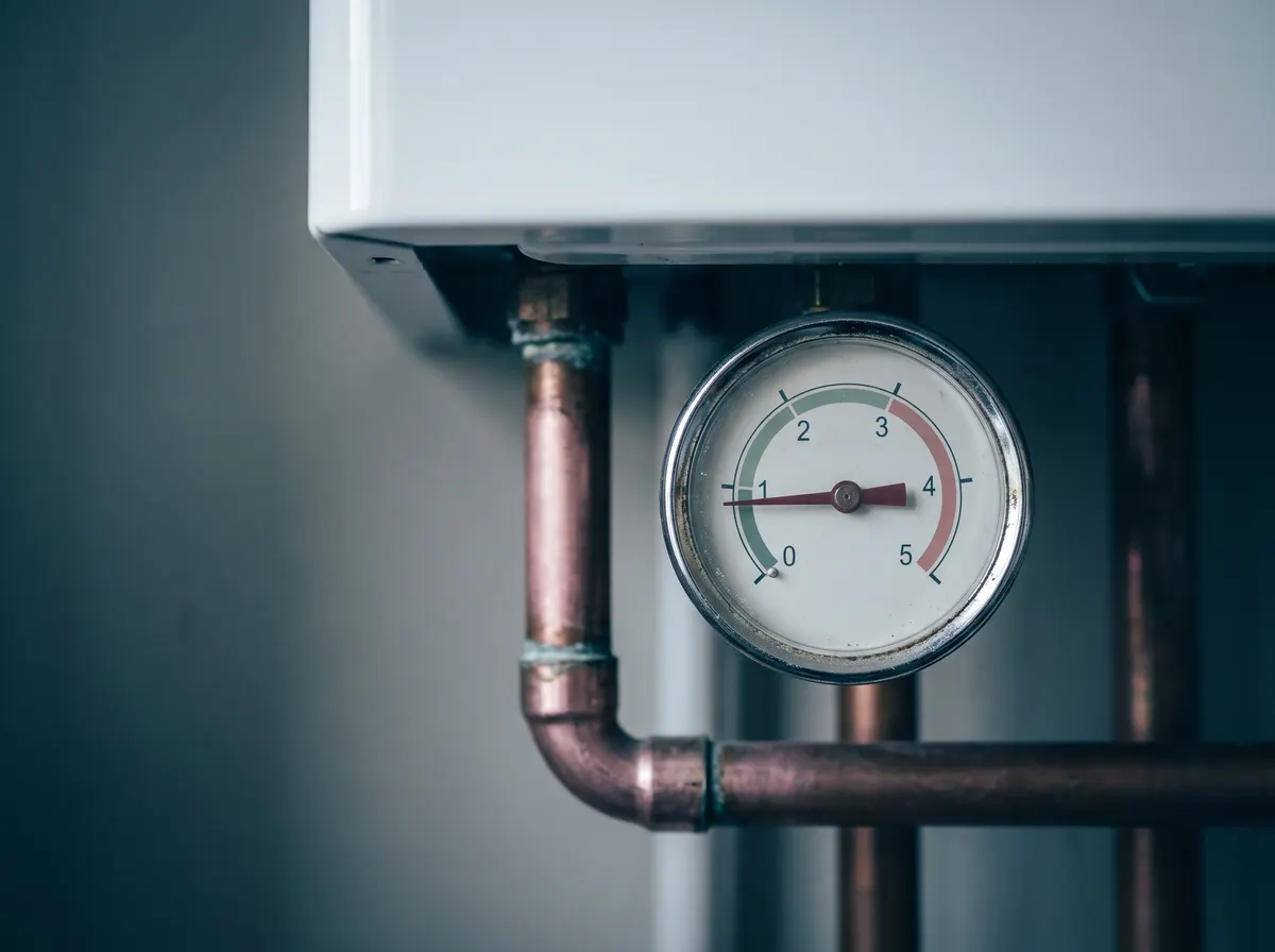 A pressure gauge on copper pipework beneath a wall-mounted boiler