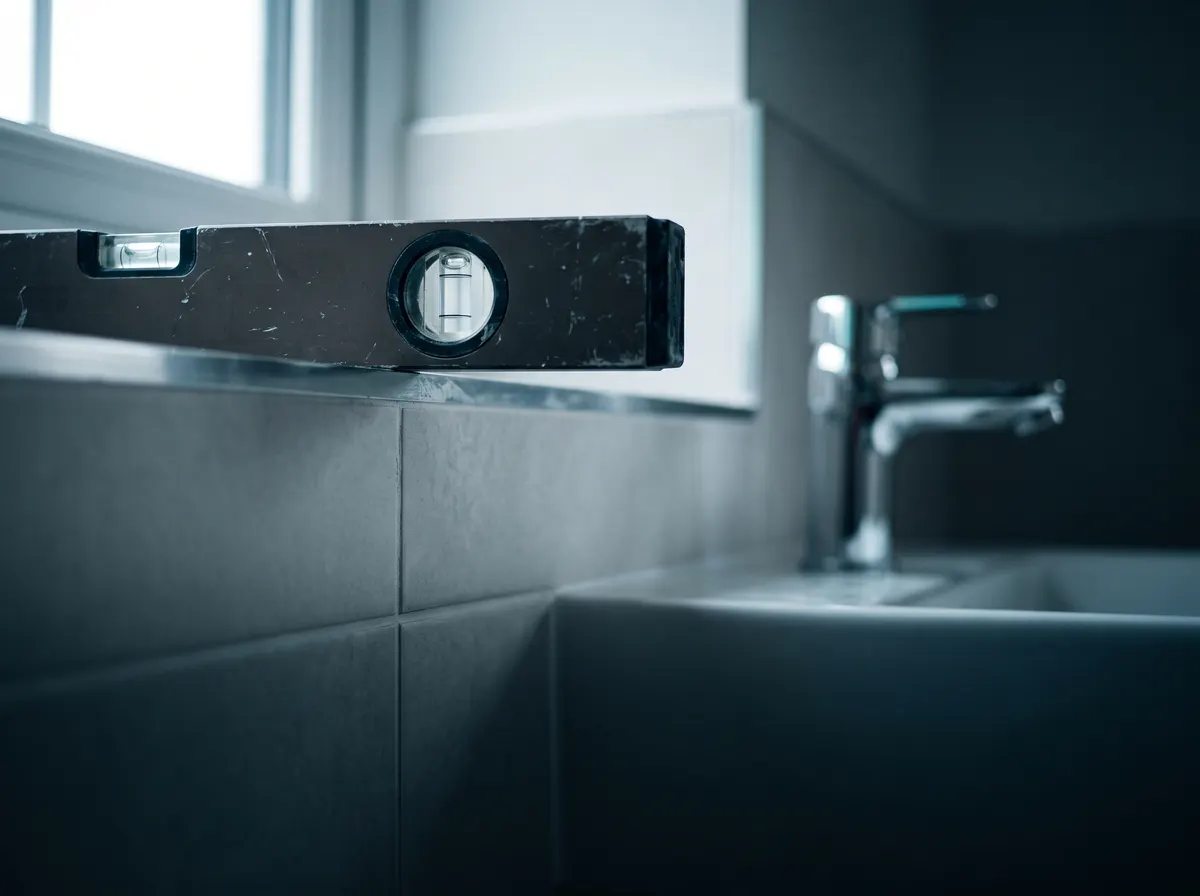 A spirit level held against tiling beside a basin during a bathroom fit