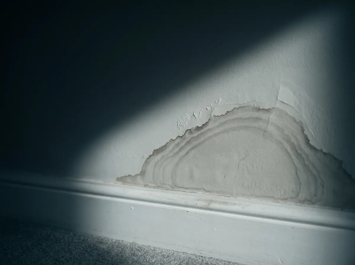 A spreading damp stain on a painted wall above a skirting board