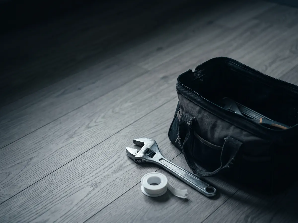 An adjustable spanner, PTFE tape and a tool bag on a wooden floor