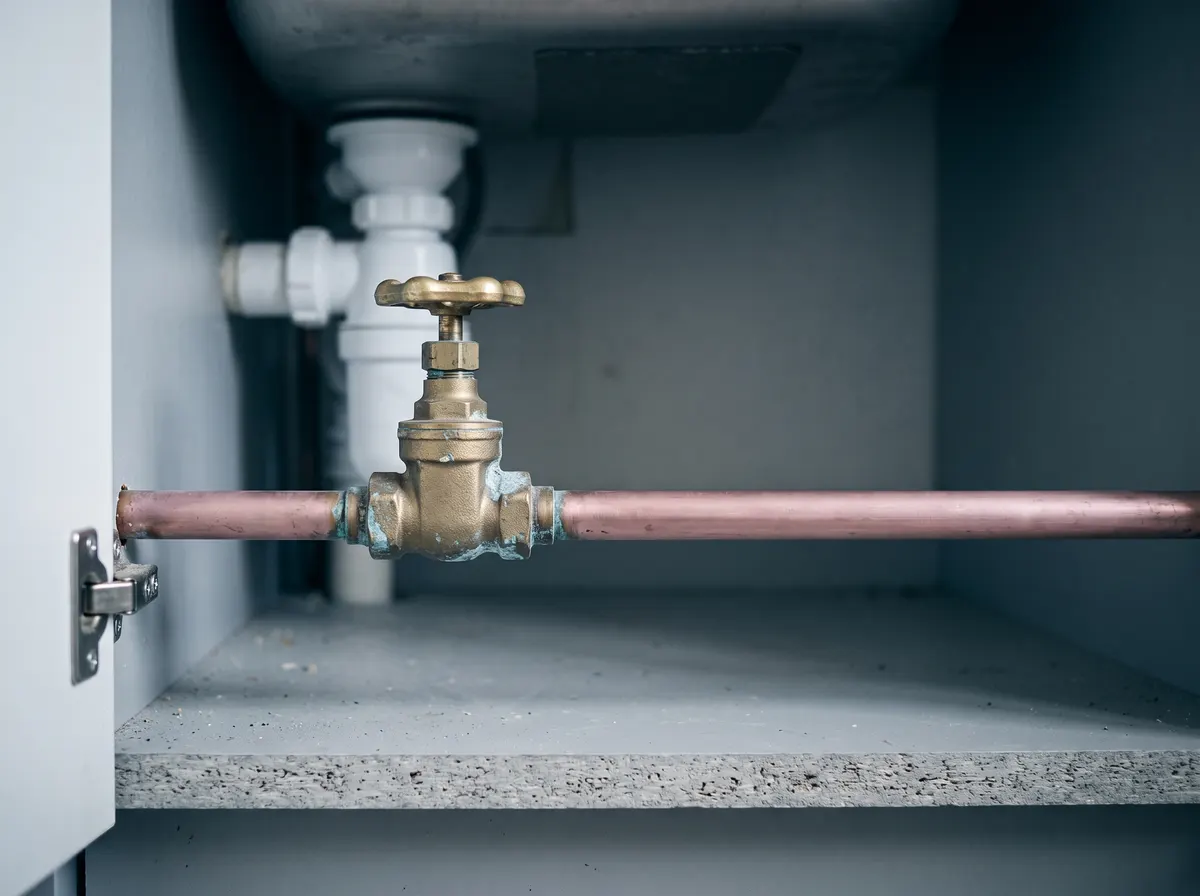 A brass gate valve on copper pipe inside an under-sink cupboard