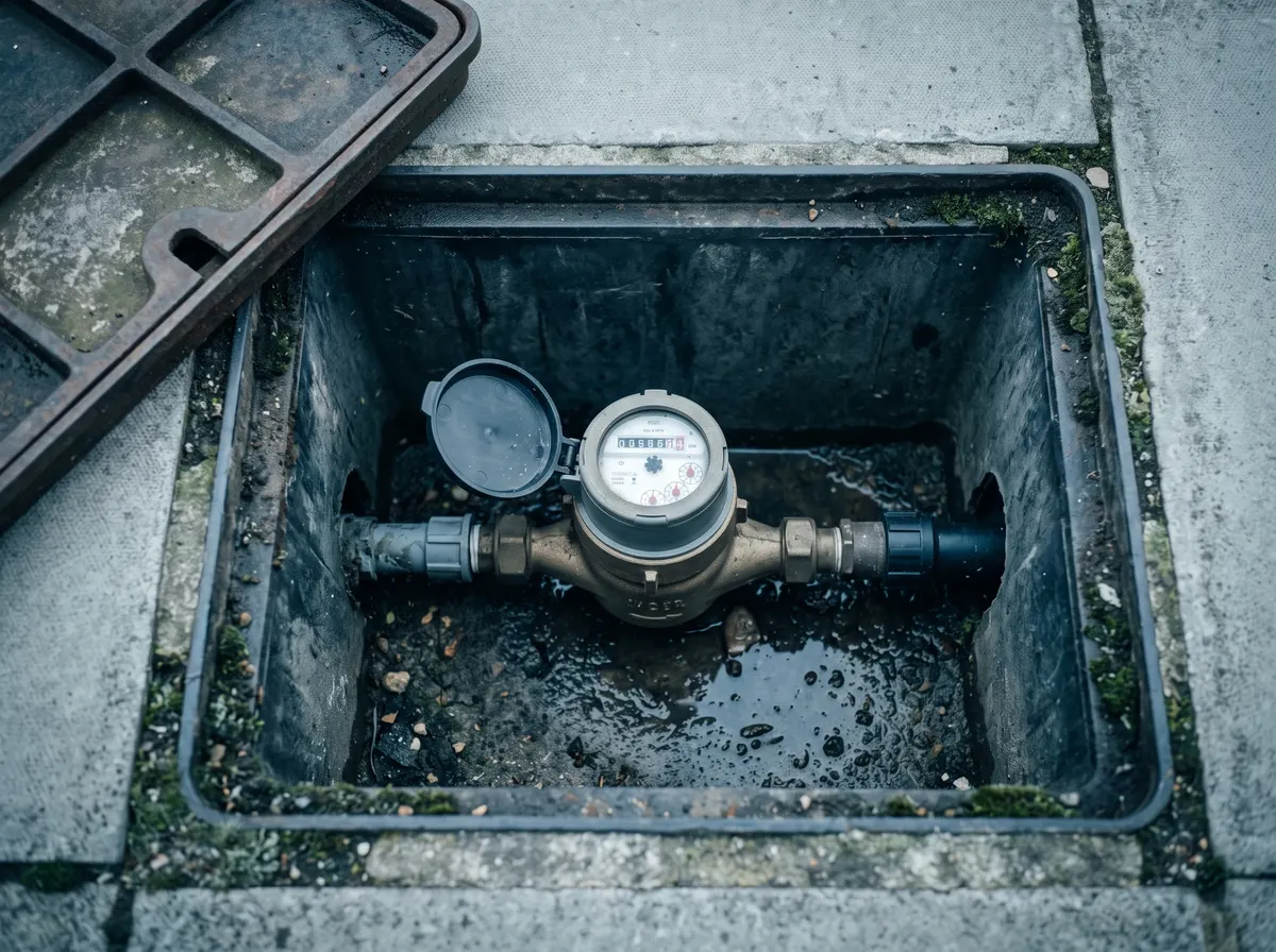 A water meter inside an outdoor ground chamber with the lid lifted